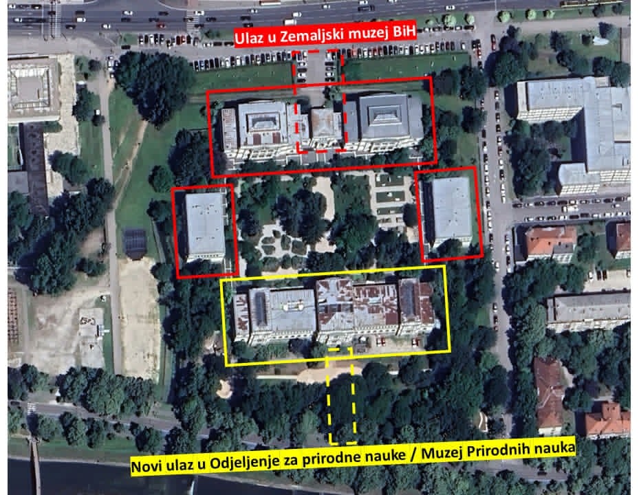 Slika 3. Kompleks Zemaljskog muzeja BiH sa lokacijama odvojenih muzejskih ulaza.